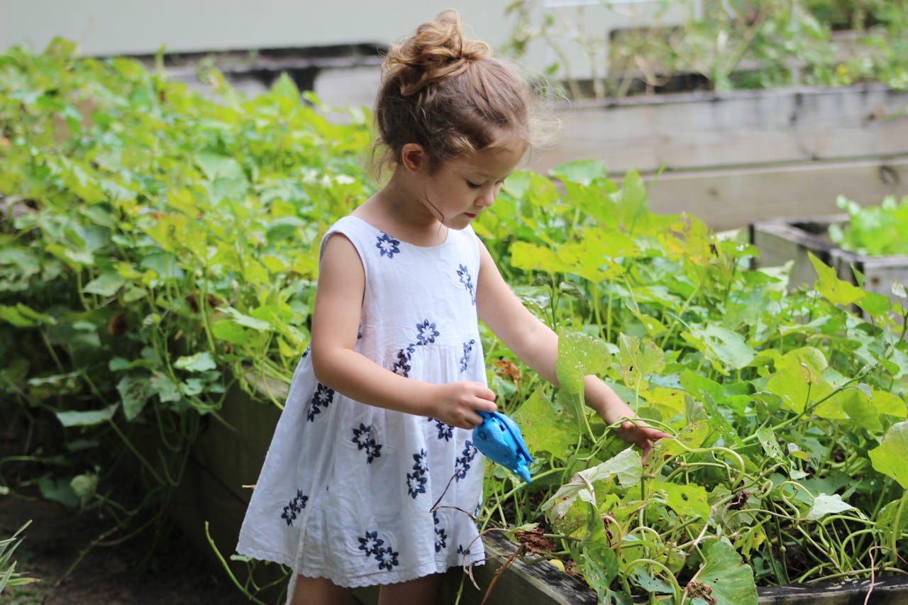 services-03 A young girl tending to plants in a summer garden, capturing joy and nature.